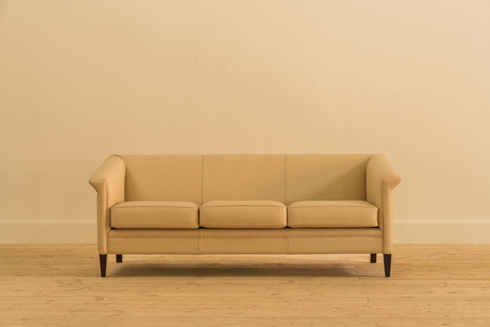 BEIGE ART DECO 3 SEATER LEATHER SOFA