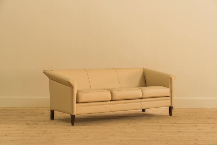 BEIGE ART DECO 3 SEATER LEATHER SOFA