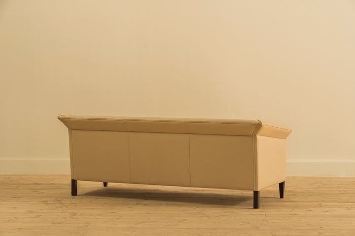 BEIGE ART DECO 3 SEATER LEATHER SOFA