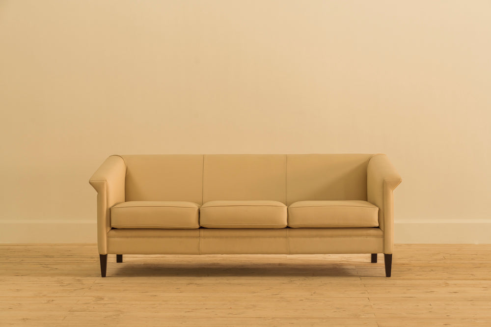 BEIGE ART DECO 3 SEATER LEATHER SOFA