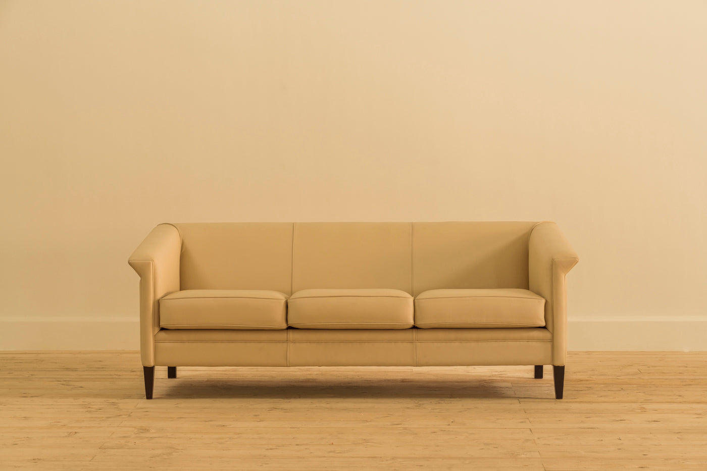 BEIGE ART DECO 3 SEATER LEATHER SOFA