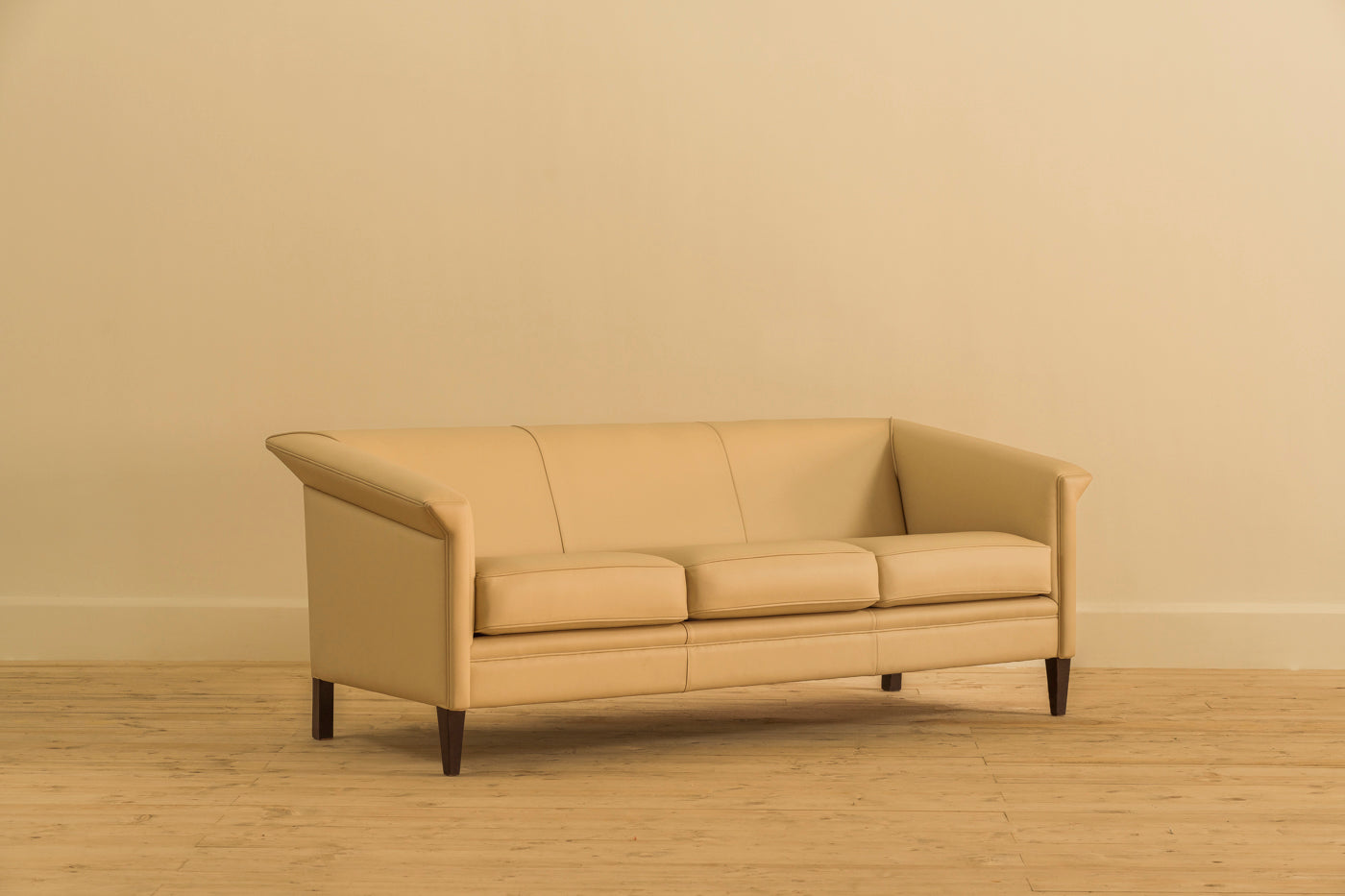 BEIGE ART DECO 3 SEATER LEATHER SOFA