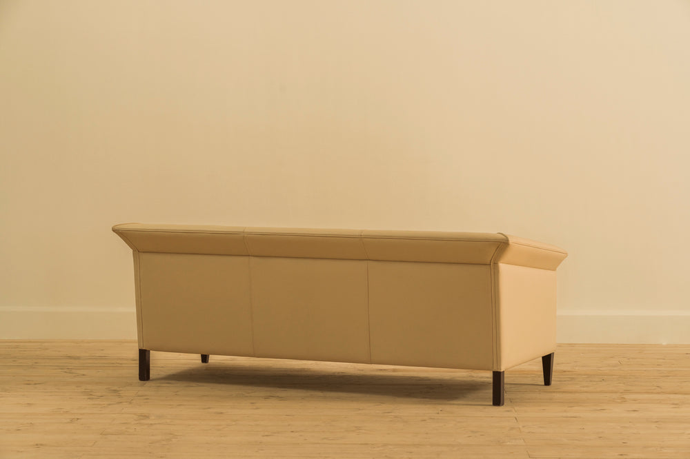BEIGE ART DECO 3 SEATER LEATHER SOFA