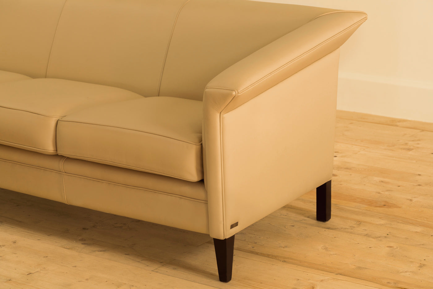 BEIGE ART DECO 3 SEATER LEATHER SOFA